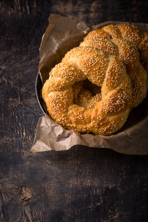 Traditional Turkish bagel simit with sesameの写真素材