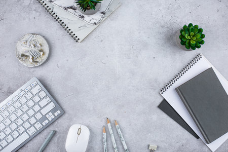 Top view work desk office workspaceの写真素材