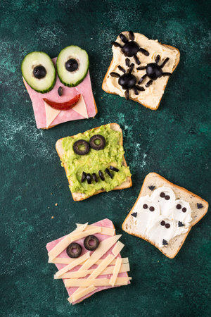 Halloween food for children, monsters toastsの写真素材