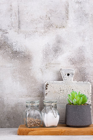 Kitchen counter top with cutting boardの写真素材