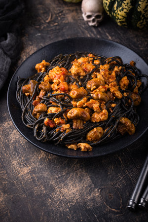 Halloween dish black pasta with bologneseの写真素材