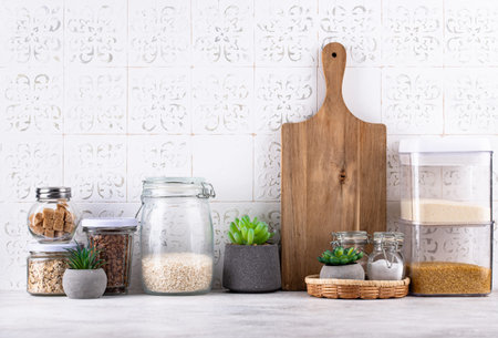 Kitchen counter top with cutting boardの写真素材