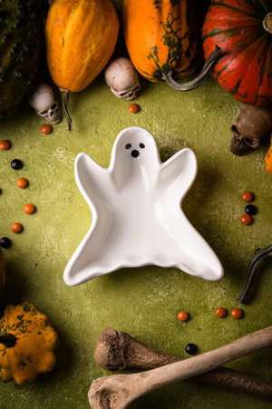 Halloween empty plate in shape of ghostの写真素材