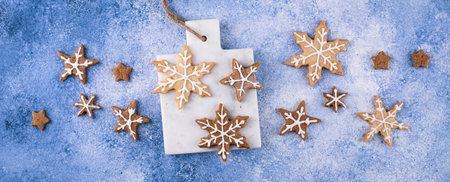 Christmas gingerbread cookies in shape of snowflakeの写真素材