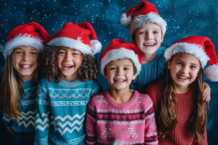 A group of smiling children wearing red Santa hats and cozy sweaters against a snowy, starry background.の素材