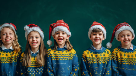 A group of five smiling children wearing colorful Christmas sweaters and Santa hats against a dark green background.の素材