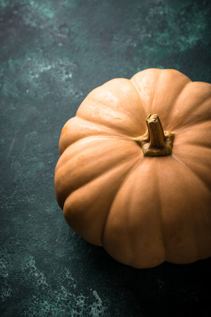 Raw fresh cut pumpkin on dark backgroundの写真素材