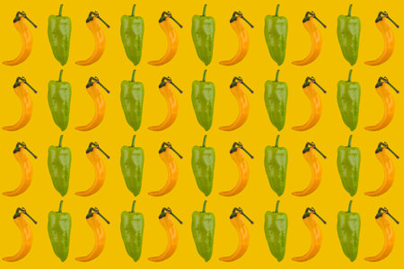 Vibrant arrangement of peppers and bananasの写真素材