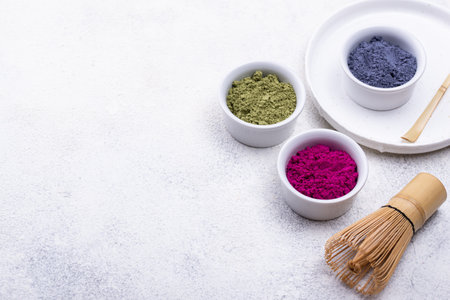 Green, blue and pink matcha powderの写真素材