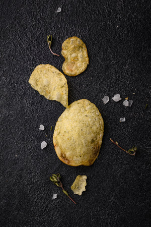Crispy salty homemade potato chipsの写真素材