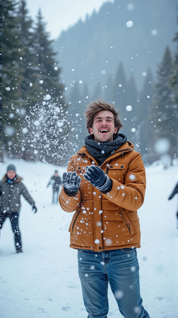 Happy man having fun in snowy forest during Apres Ski.の素材