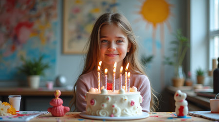 Smiling girl with birthday cake and candles on white background.の素材