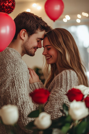 A romantic couple is celebrating Valentine's Day at home, surrounded by balloons and flowers, with a warm and cozy background.の素材