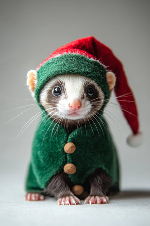 Ferret dressed in green elf costume with red Santa hat.の素材