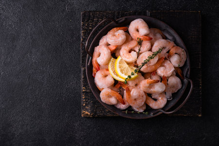 Frozen uncooked prawns or shrimps with lemonの写真素材
