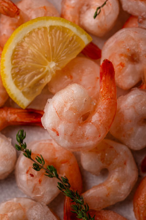Frozen uncooked prawns or shrimps with lemonの写真素材
