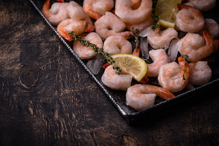 Frozen uncooked prawns or shrimps with lemonの写真素材