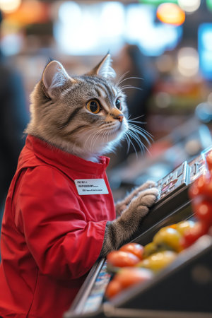 A gray cat wearing a red jacket is working as a cashier in a supermarket, with a blurred background.の素材
