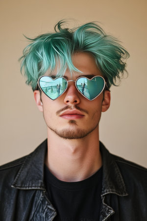 Man with green hair and heart-shaped sunglasses against a beige background.の素材