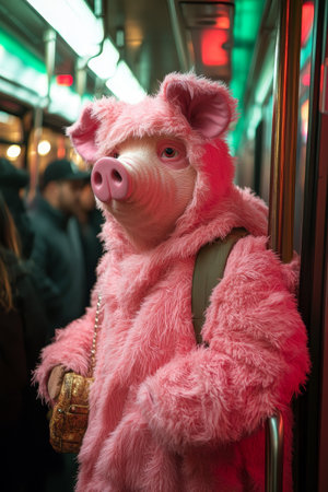 A person wearing a pink pig costume stands on a subway train with a green and red background.の素材