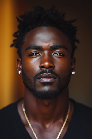 Portrait of a confident black man against a warm background.の素材