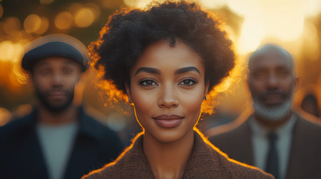 Confident black woman in brown sweater with two men in background.の素材