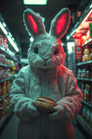 Bunny mascot with red glowing ears holding bread in a supermarket with neon lights and dark background.の素材
