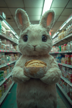 Furry bunny character with bread, surrounded by store shelves and fluorescent lighting.の素材