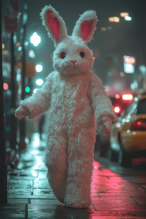 A fluffy white bunny mascot strolls down a neon-lit city street at night, exuding a whimsical and playful atmosphere.の素材