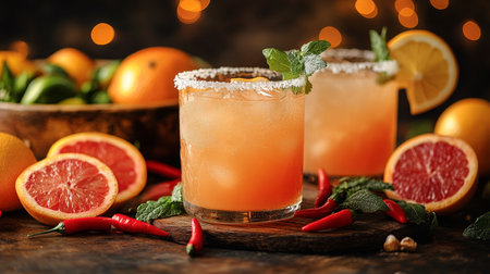 Wooden background with two orange cocktails, garnished with herbs and spices.の素材