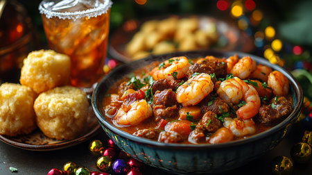 Gumbo with shrimp and sausage on black background, festive decorations.の素材
