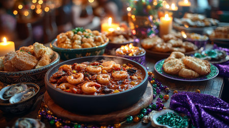 A festive table with seafood, beads, and candles for Mardi Gras.の素材