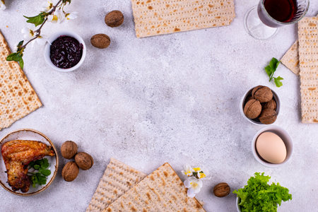 Traditional Passover Seder plate with symbolic foods. Symbolic of Jewish holiday Pesah.の写真素材
