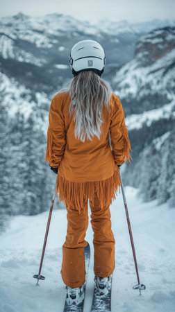 Blonde skier in chic orange attire stands against snowy mountain backdrop.の素材
