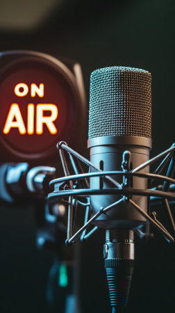 Broadcast studio with microphone and on air sign illuminated.の素材