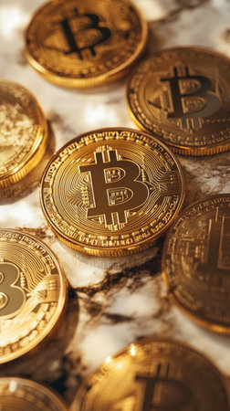 Close up of golden Bitcoin coins on a marble background.の素材
