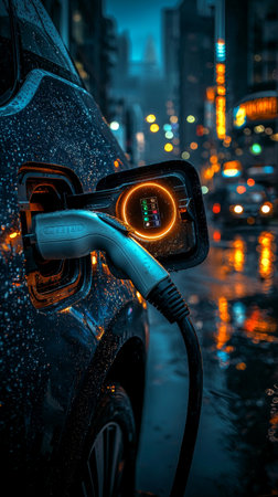 Black electric car with charging port illuminated against dark background.の素材