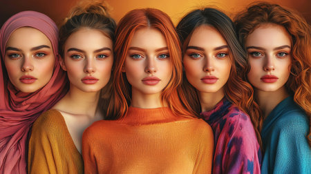 Five diverse women posing for a photo with warm background colors.の素材