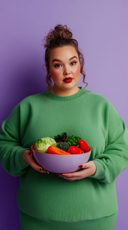Young woman with a bowl of vegetables on purple background.の素材