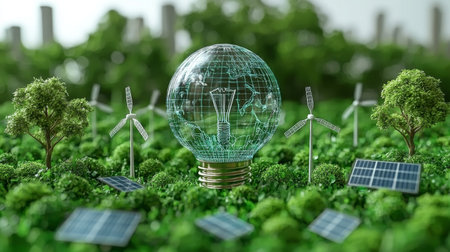 A green globe light bulb in a lush green landscape with solar panels and wind turbines.の素材