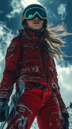 Stylish woman in red ski suit posing for photoの素材
