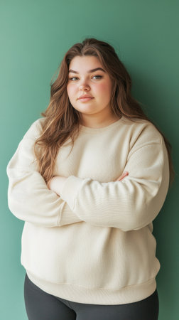 A woman with long hair stands confidently against a green background.の素材