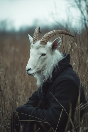 A white goat with horns wearing a black jacket in nature.の素材