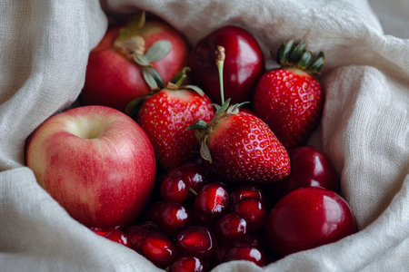 A collection of red fruits including apples, strawberries, and cherries, presented in a white cloth bag with a rustic background.の素材