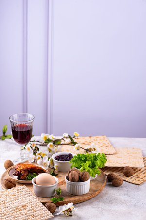 Traditional Passover Seder plate with symbolic foods. Symbolic of Jewish holiday Pesah.