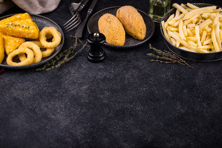 Frozen food assortment. Potato hashbrowns and french fries