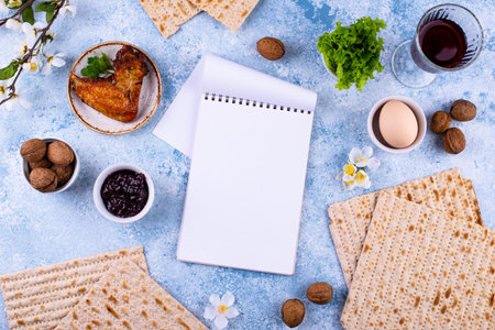 Traditional Passover Seder plate with symbolic foods. Symbolic of Jewish holiday Pesach.