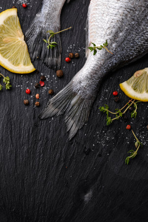 Raw sea bream or dorado fish with lemonの写真素材
