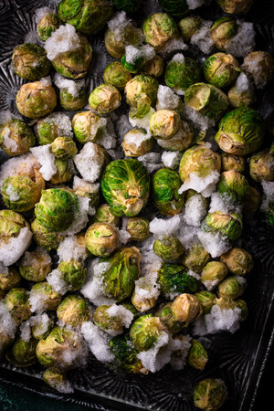 Frozen Brussels sprouts on dark backgroundの写真素材