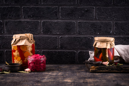Healthy homemade fermented food in jars